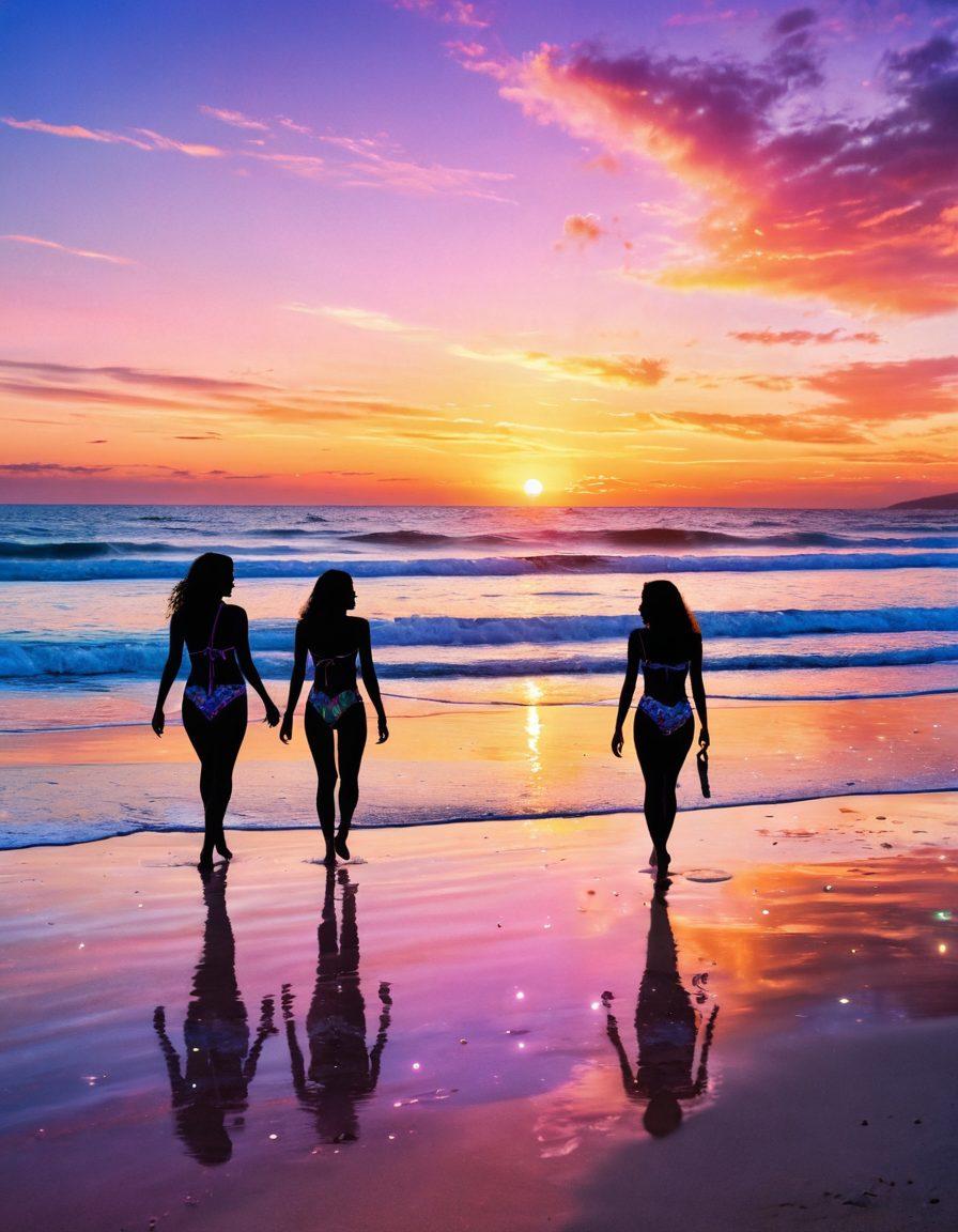 A whimsical beach scene depicting silhouettes of diverse figures wearing vibrant swimwear, embracing a sense of freedom and fantasy. The background features a dreamy sunset with sparkling waves, and playful elements like seashells and tropical flora scattered around. Ethereal lighting creates an enchanting atmosphere, inviting viewers into a world of allure and imagination. Enhanced with a touch of surrealism and soft pastel colors. vibrant colors. surrealism.