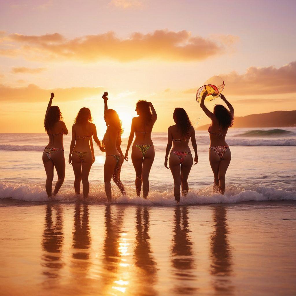 A vibrant beach scene at sunset, featuring a diverse group of confident individuals wearing stylish bikinis and thongs, playfully splashing in the waves. The warm colors of the sky reflect on the water, creating a sensual atmosphere. Add elements like beach umbrellas, tropical drinks, and beach balls for an inviting feel. The overall mood should be playful, alluring, and celebratory of body confidence. super-realistic. vibrant colors. beach setting.
